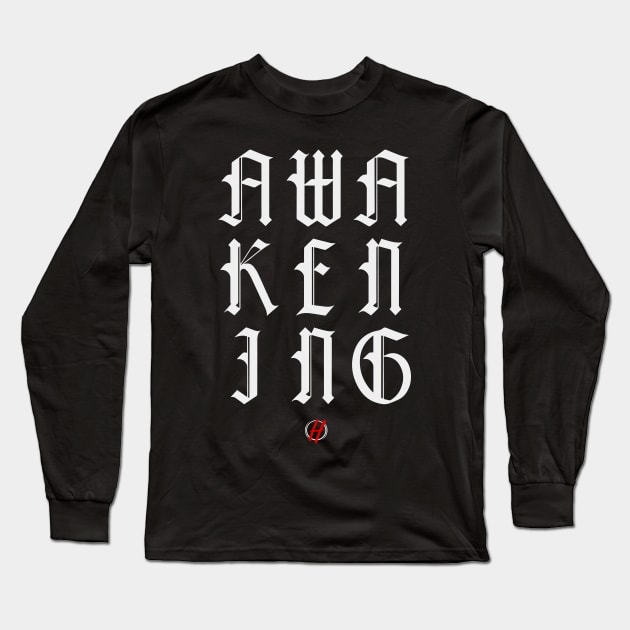 Awakening White Logo Cursive Long Sleeve T-Shirt by HarvestVA